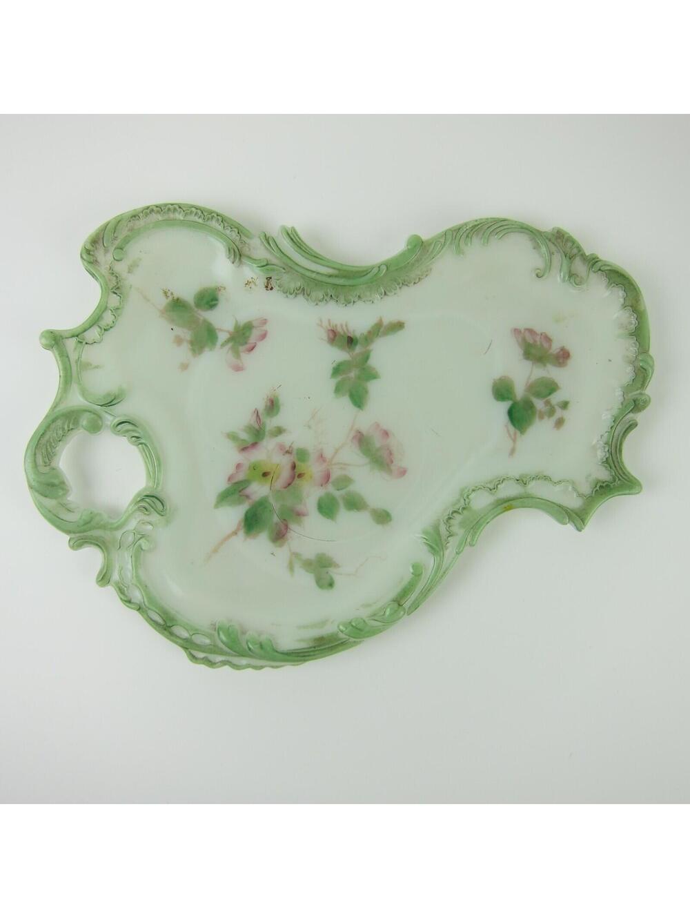 Vintage Milk Glass Vanity Tray / Candy Dish Green & Pink Flowers Open Handle